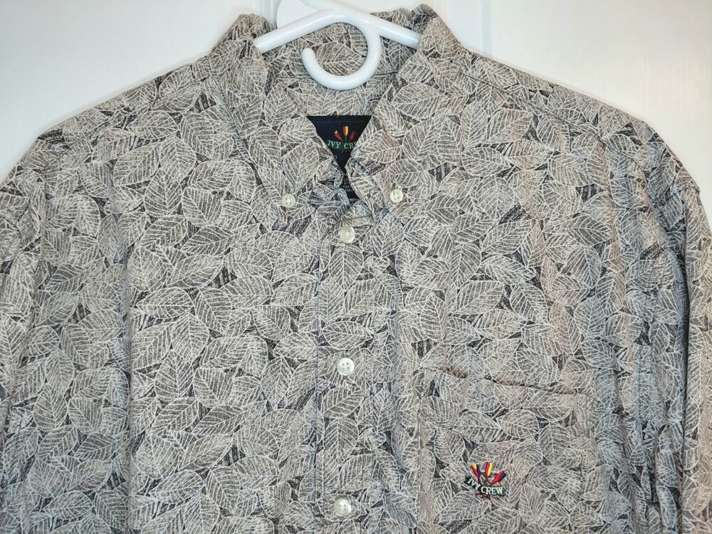 Vintage Ivy Crew Men's Medium Gray Leaf Abstract Print Button Down Shirt Cotton